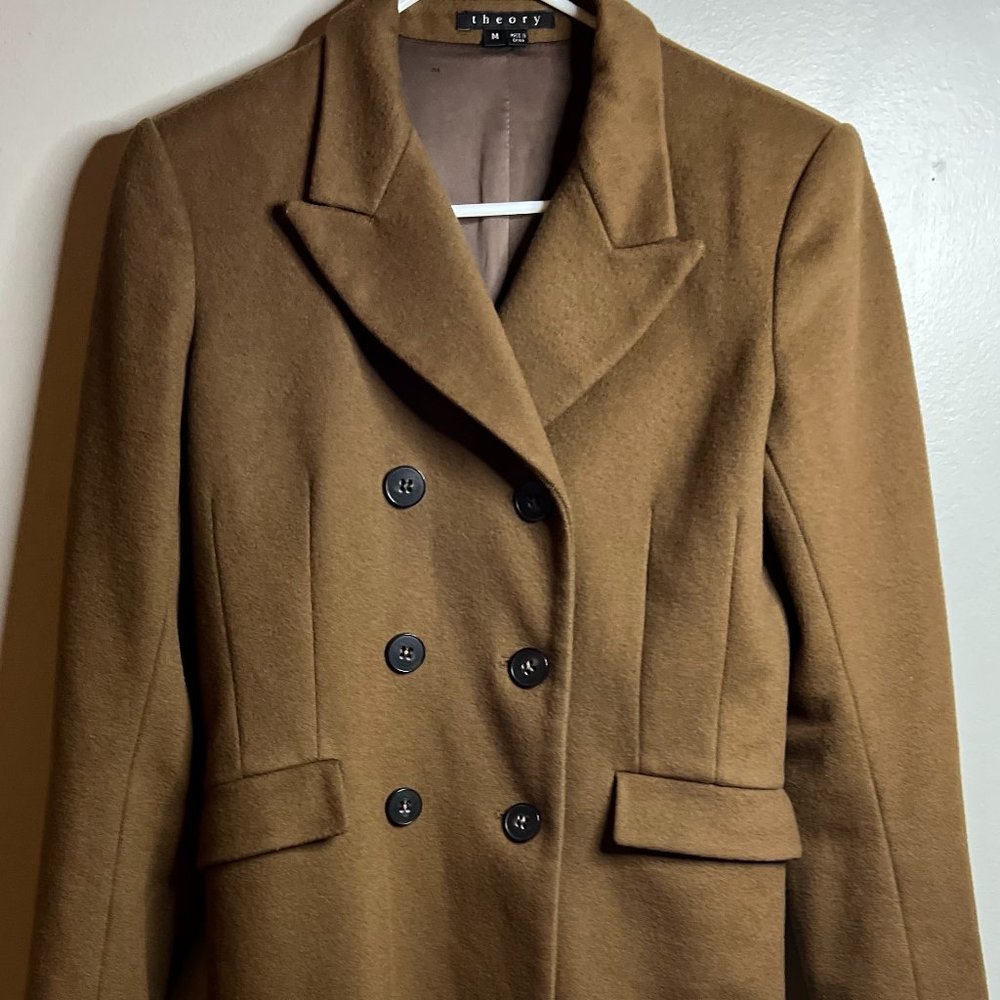 Theory Double-Breasted Bond Wool Luxe Coat Size M in tobacco color